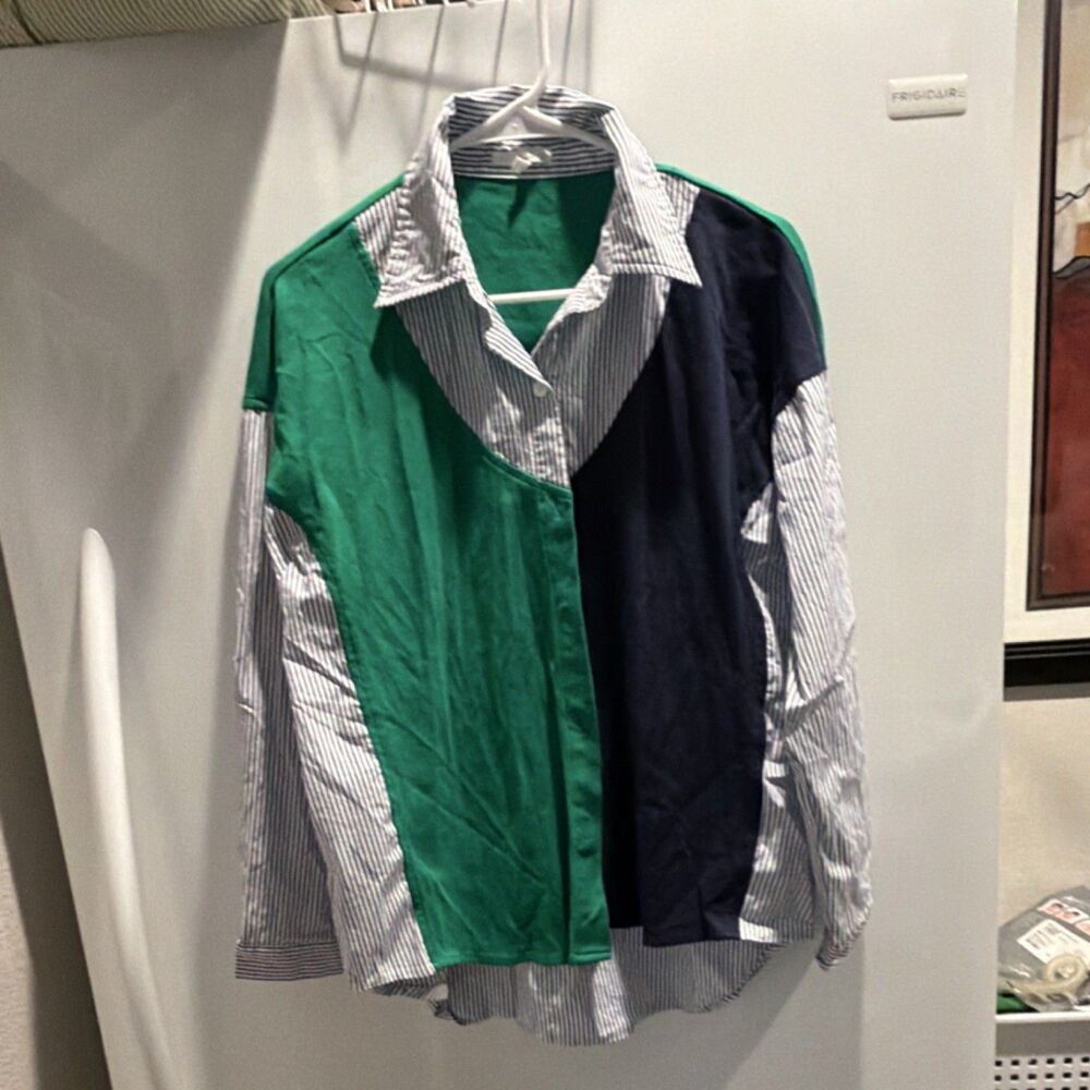 Joh. Colorblock Button-Up Shirt M Long Sleeve Spread Collar Green Navy White